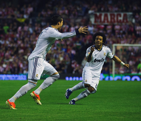 Cristiano Ronaldo and Marcelo celebrating Real Madrid first goal in San Mamés, in the Spanish League 2013