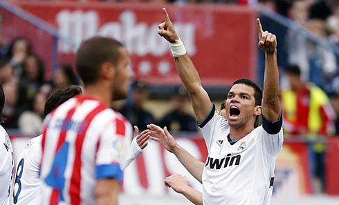 Pepe celebrating his team win, in a Madrid derby in 2013
