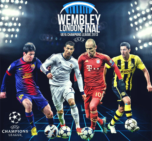 Champions League semi-finals wallpaper in 2013, featuring Barcelona, Real Madrid, Bayern Munich and Borussia Dortmund