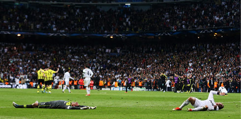 Cristiano Ronaldo layed on the ground, after the end of Real Madrid vs Borussia Dortmund, for the Champions League 2013