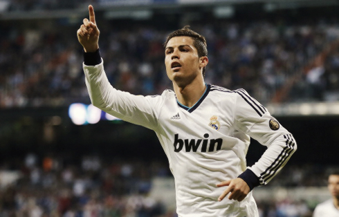Cristiano Ronaldo pointing his finger up and running around to celebrate a Real Madrid goal
