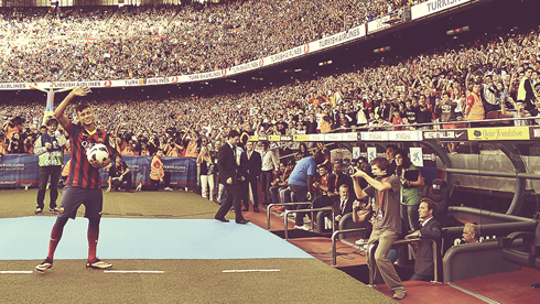 Neymar on his Barcelona presentation, with a packed Camp Nou attending