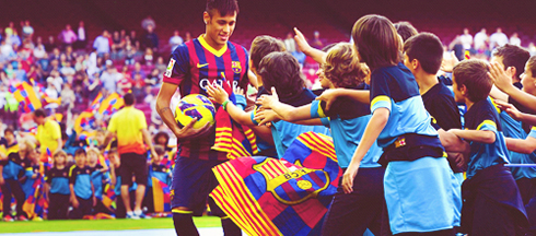 Neymar greeting the Barcelona kids and young fans