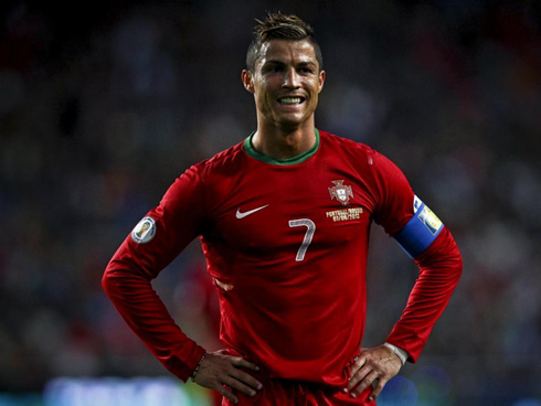 Cristiano Ronaldo smiling during Portugal vs Russia, for the 2014 FIFA World Cup qualifiers