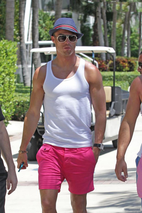 Cristiano Ronaldo wearing pink shorts and a sleeveless shirt, in Miami Florida, in 2013