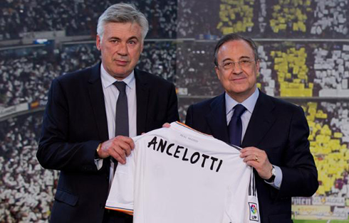 Carlo Ancelotti with Florentino Pérez, being presented as Real Madrid new manager