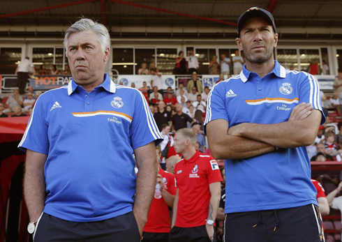 Real Madrid new coaching staff, Carlo Ancelotti next to Zinedine Zidane, in 2013-2014