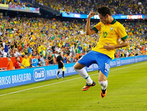 Neymar jumping in the air to celebrate a goal for Brazil, in the United States