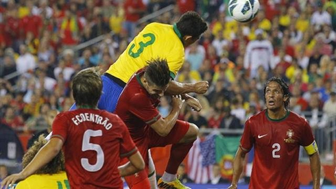 Thiago Silva scoring a goal from a header, in Brazil vs Portugal