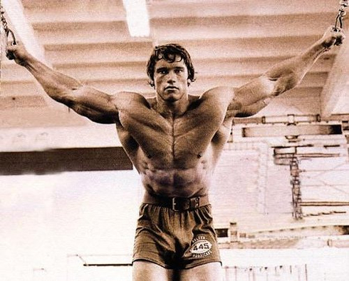 Arnold Schwarzenegger working out in the gym