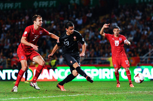 Hélder Postiga scoring a goal for Portugal, in World Cup qualifiers