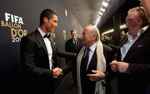 Joseph Blatter greeting Cristiano Ronaldo in FIFA Ballon d'Or 2012