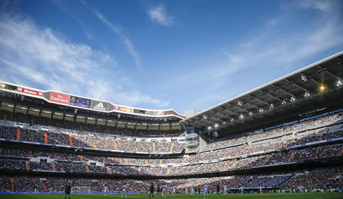 Santiago Bernabéu photo view from the pitch level, in Real Madrid vs Real Sociedad, for La Liga 2013-2014