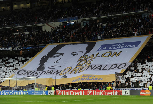 Real Madrid Ultra Sur showing a banner of support to Cristiano Ronaldo and the Ballon d'Or 2013 campaign