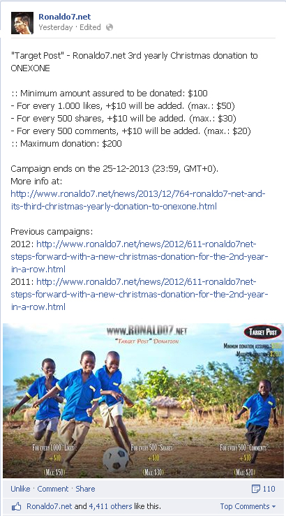 Facebook post, Ronaldo7.net donation 2013 campaign