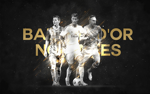 FIFA Ballon d'Or poster wallpaper, Lionel Messi, Cristiano Ronaldo and Ribery