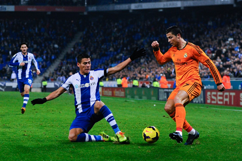 Cristiano Ronaldo dribbling a defender down the wing
