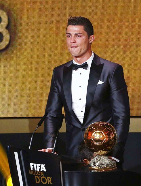 Cristiano Ronaldo tears when giving his speech at the FIFA Ballon d'Or 2013 ceremony