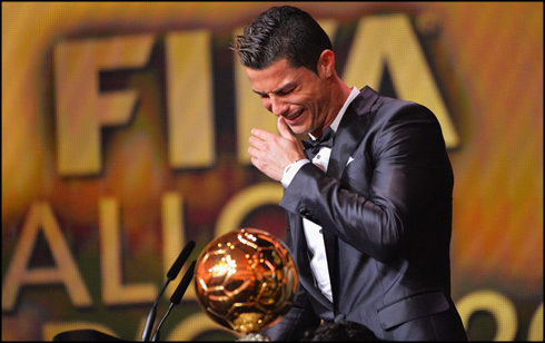 Cristiano Ronaldo crying when receiving the FIFA Ballon d'Or 2013