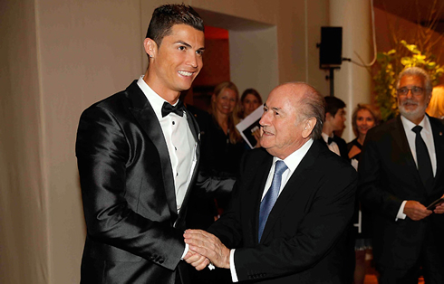 Cristiano Ronaldo meeting Joseph Blatter in the FIFA Ballon d'Or 2013 ceremony