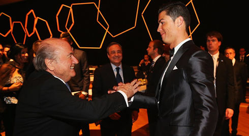 Joseph Blatter greeting Cristiano Ronaldo at the FIFA Ballon d'Or 2013