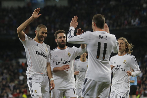 Benzema, Carvajal and Modric, celebrating Real Madrid goal