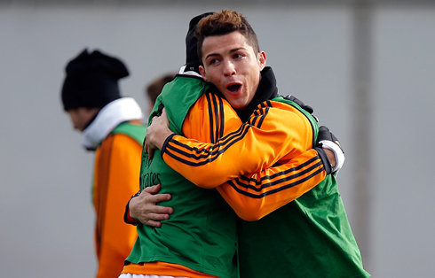 Cristiano Ronaldo hugging a teammate in training