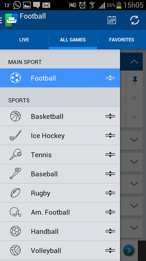 SofaScore app initial screen menu