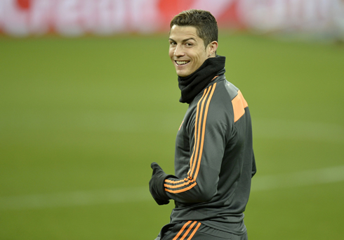 Cristiano Ronaldo looking to the TV camera and smiling