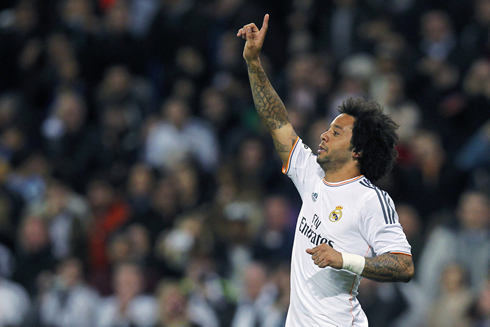 Marcelo celebrating his first goal for Real Madrid in 2014