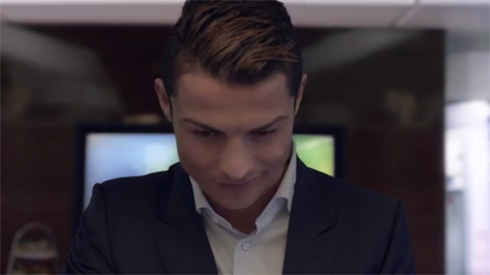 Cristiano Ronaldo smiling during the shooting for the new Fly Emirates video ad