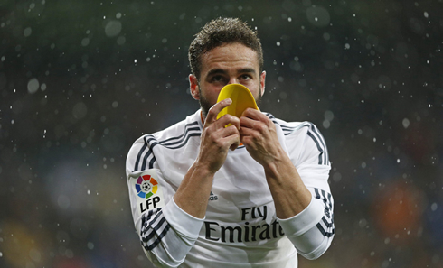 Daniel Carvajal kissing his shin pad after scoring his first goal for Real Madrid
