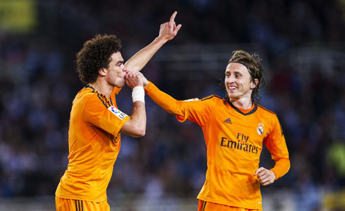 Pepe celebrating his goal with Luka Modric