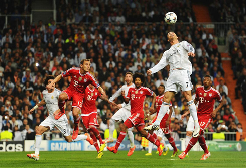 Cristiano Ronaldo jumping to head a ball in Real Madrid vs Bayern Munich