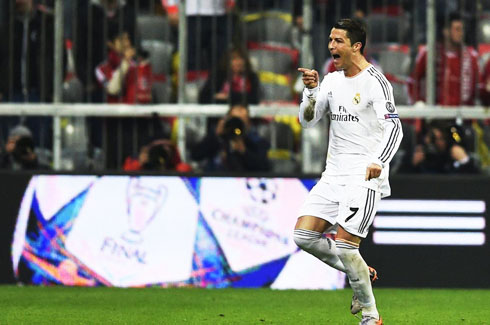 Cristiano Ronaldo about to meet Sergio Ramos, after scoring the last goal in Munich
