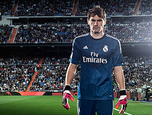 Iker Casillas wearing the new Real Madrid goalkeeper blue kit jersey and shirt for 2014-2015
