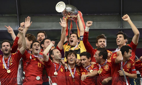 Spain lifting the World Cup trophy in 2010