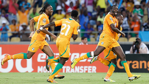 Ivory Coast players Didier Drogba and Yaya Touré celebrating goal
