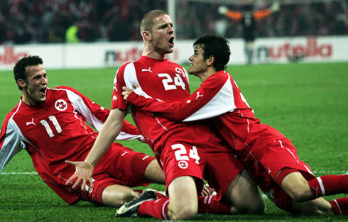 Switzerland players celebrating a goal in the World Cup