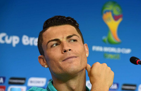 Cristiano Ronaldo thinking about his answer in a World Cup press conference