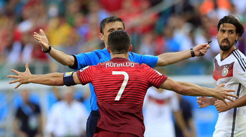 Cristiano Ronaldo protests at a referee call, in the FIFA World Cup 2014