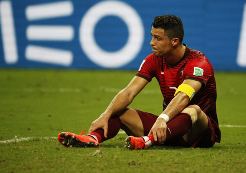 Cristiano Ronaldo tired and exhausted in a Portugal game at the 2014 FIFA World Cup