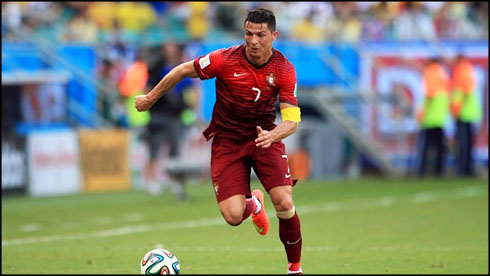 Cristiano Ronaldo chasing the ball in a FIFA World Cup 2014 game for Portugal