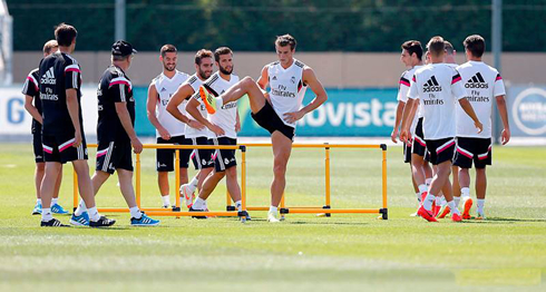Real Madrid players in a pre-season training session in Valdebebas