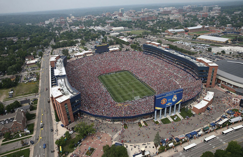 The Michigan stadium attendance record of 109,000 fans in a soccer game between Real Madrid and Manchester United in 2014