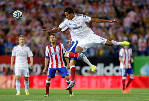 Raphael Varane flying in a football match