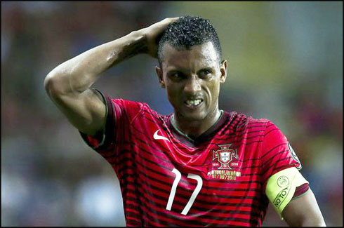 Nani scratching his head after Portugal 0-1 Albania