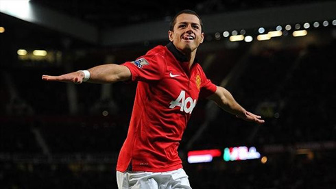 Chicharito Javier Hernandez celebrating a goal at Old Trafford for Manchester United