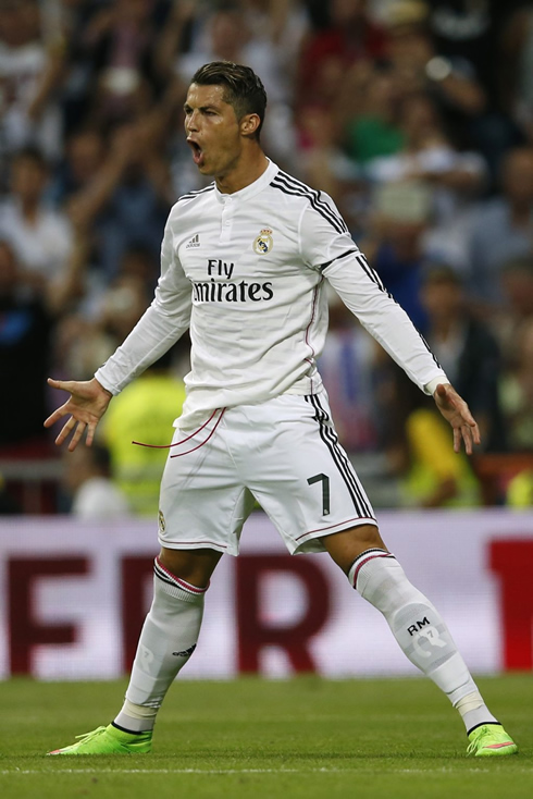 Cristiano Ronaldo celebrating a goal with his trademark pose