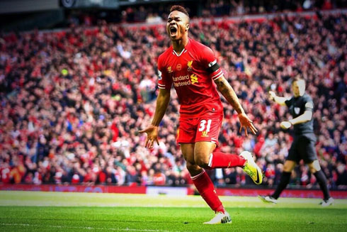 Raheem Sterling playing for Liverpool at Anfield